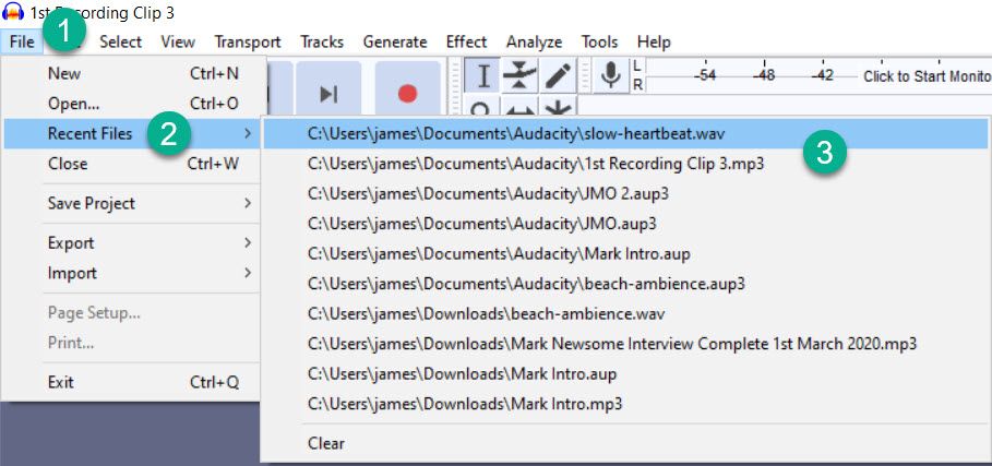 Audacity Recent Files