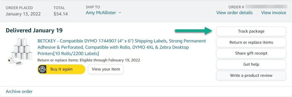 Amazon Track Package Button