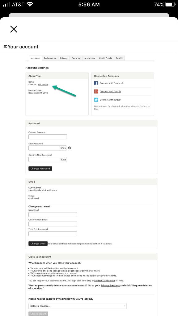 Your Account Page On Mobile Etsy