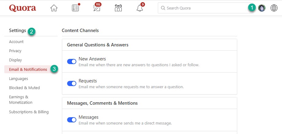 Quora Email Settings