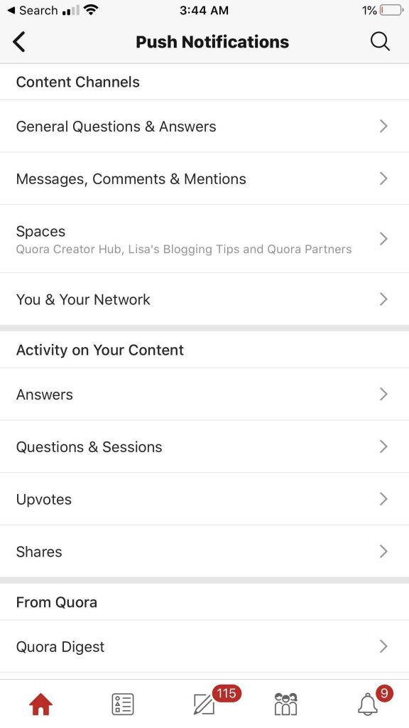 Quora Push Notifications Settings