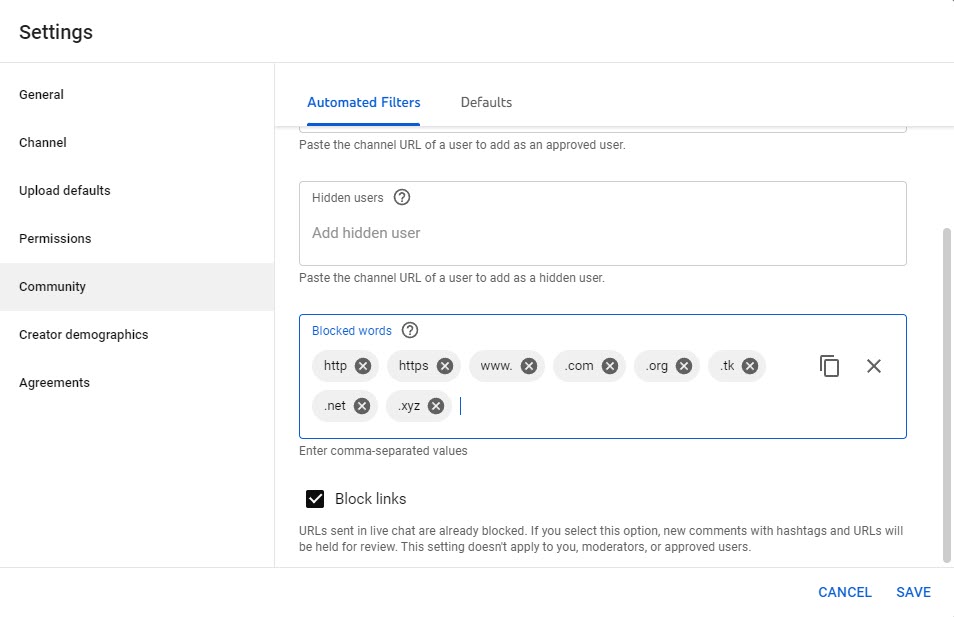 YouTube Comment Moderation Settings