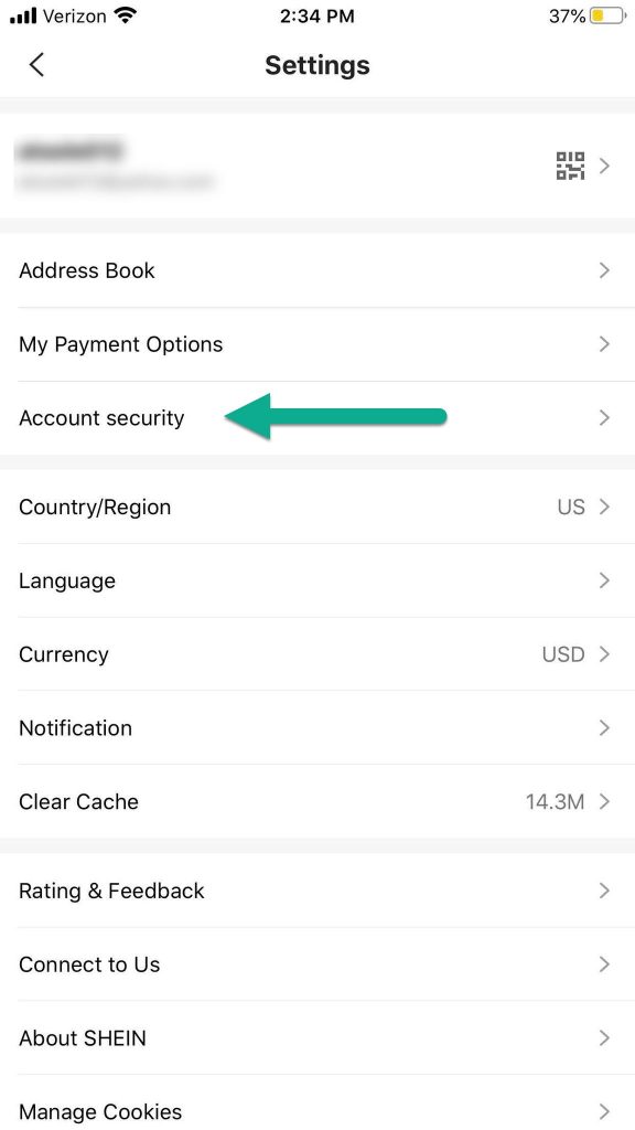 Account Security Button, Shein Settings