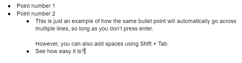 Sub Bullet Point Multiple Lines Google Docs