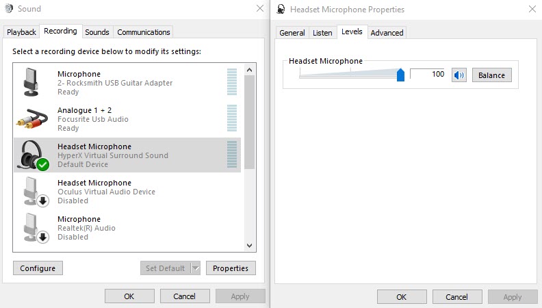 Adjust Microphone Levels, Windows Control Panel