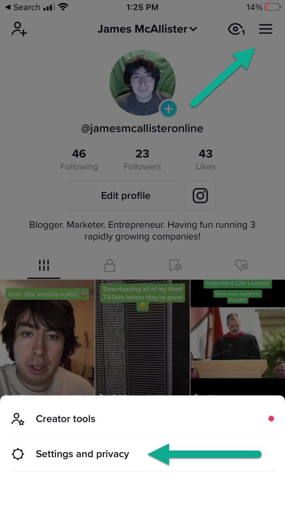 Settings And Privacy Button On TikTok