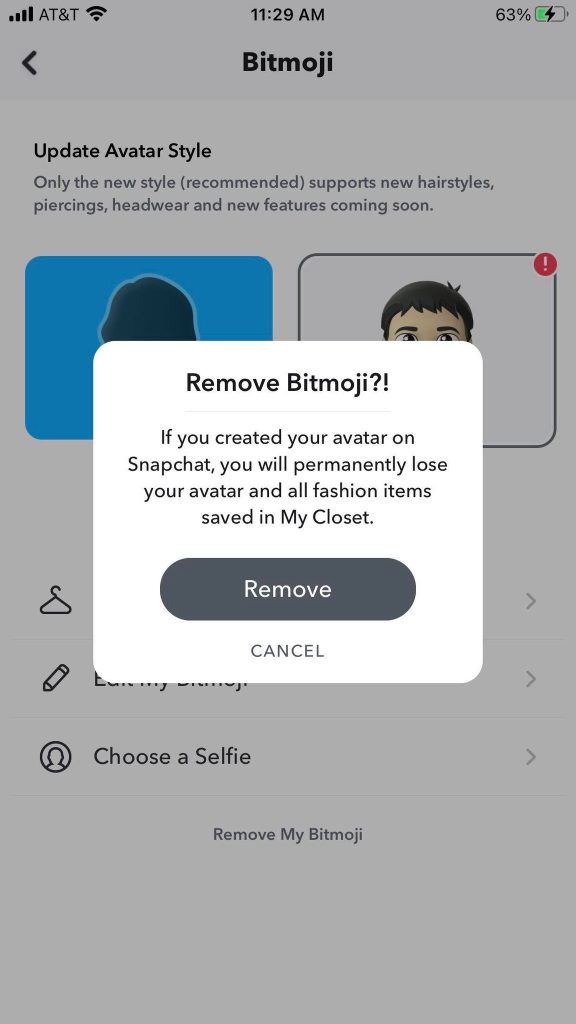 Remvoe Bitmoji Confirmation