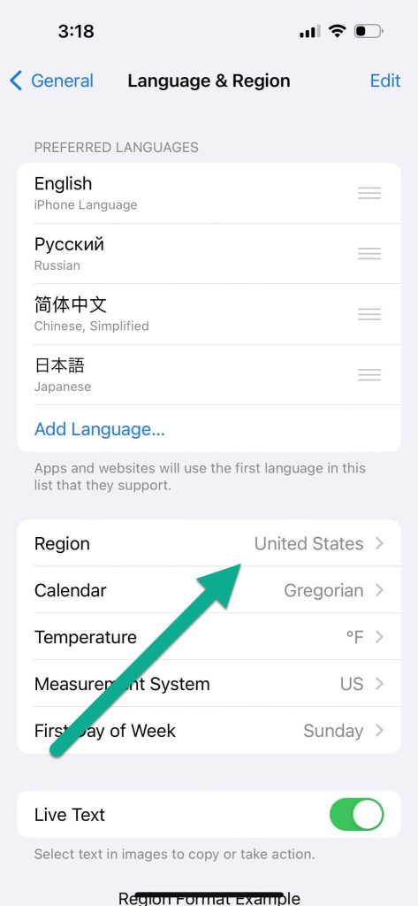 Change Region, iPhone