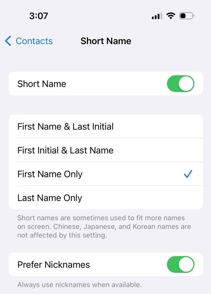 Short Name Toggle, iPhone